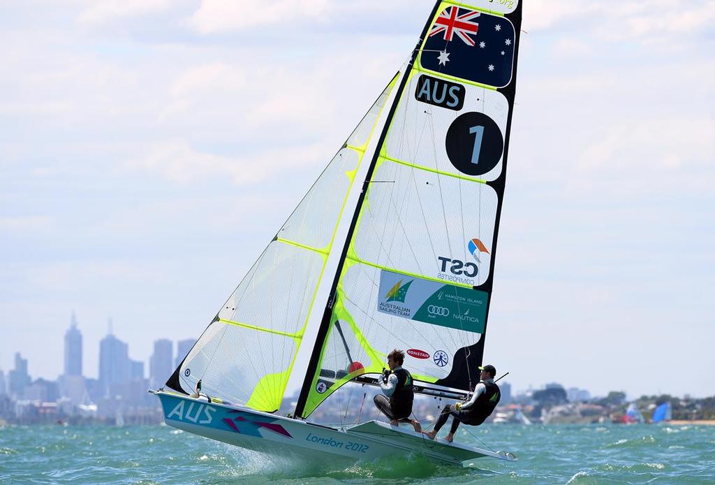 Nathan Outteridge and Iain Jensen at the 2013 ISAF Sailing World Cup - Melbourne © Jeff Crow/ Sport the Library http://www.sportlibrary.com.au
